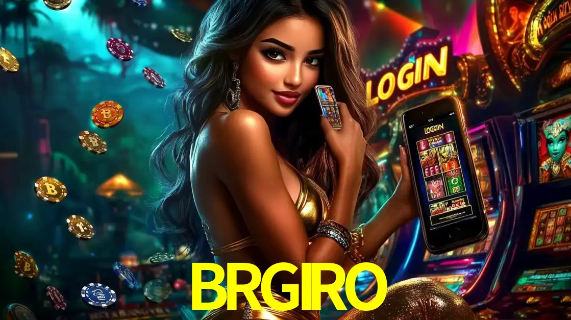 Mulher em um cenário de cassino temático de aventura, mostrando o app de caça-níqueis da BRGIRO no celular. Fichas de apostas flutuam ao redor.