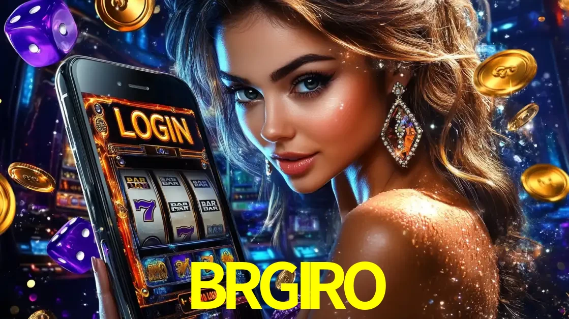 Mulher glamorosa segurando um smartphone com a tela de login para os jogos de caça-níqueis do cassino online BRGIRO, com moedas de ouro e dados ao redor.